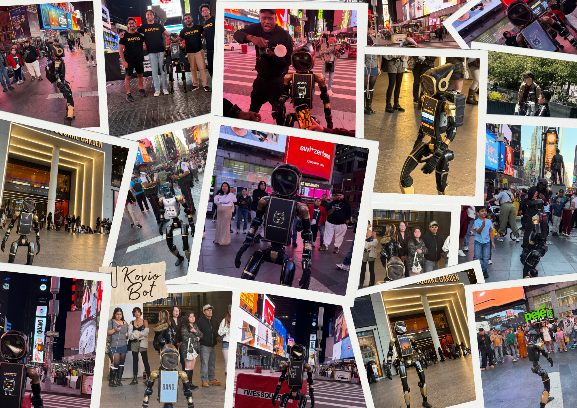 Collage of the Kovio robot interacting with crowds in Times Square and outside Madison Square Garden